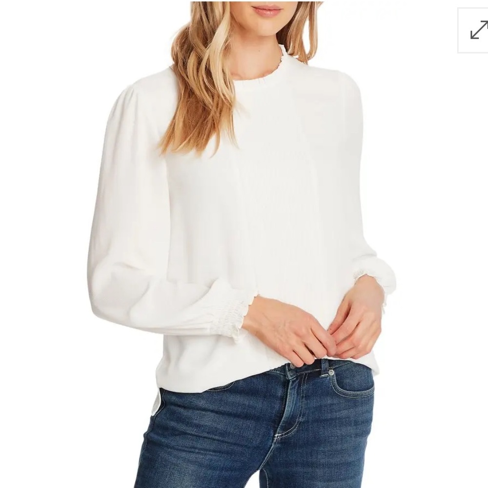 Cece White Pintucked Chiffon Top With Smocked Cuffs - Picture 7 of 9